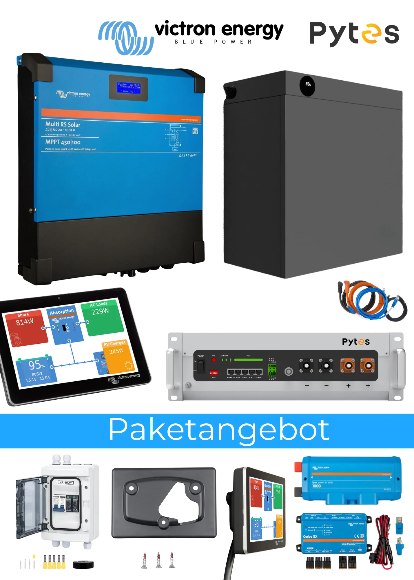 Einphasen Hybridsystem mit Multi RS Solar und Drehstromkompensation, Pytes